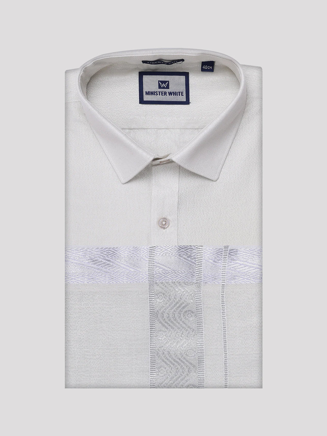 Men's Tissue Silver Shirt with Jacquard Fancy Border Dhoti Wedding Combo Nios