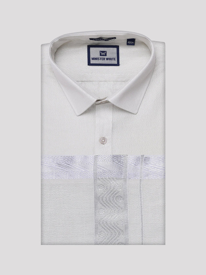 Men's Tissue Silver Shirt with Jacquard Fancy Border Dhoti Wedding Combo Nios