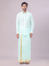 Mens Art Silk Mint Leaf Full Sleeves Shirt with Gold Jari Border Flexi Dhoti Combo Finesse