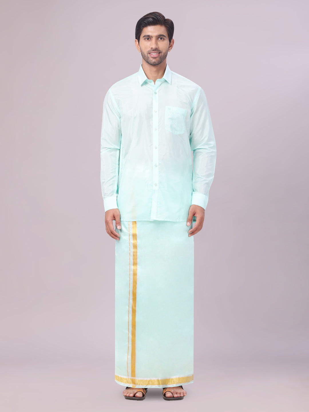 Mens Art Silk Mint Leaf Full Sleeves Shirt with Gold Jari Border Flexi Dhoti Combo Finesse