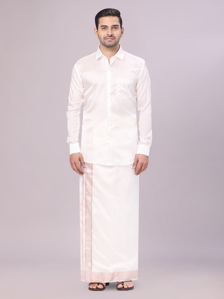 Men's Art Silk Half White Full Sleeves Shirt with 2 1/2" Copper Jari Border Dhoti Combo Neogen
