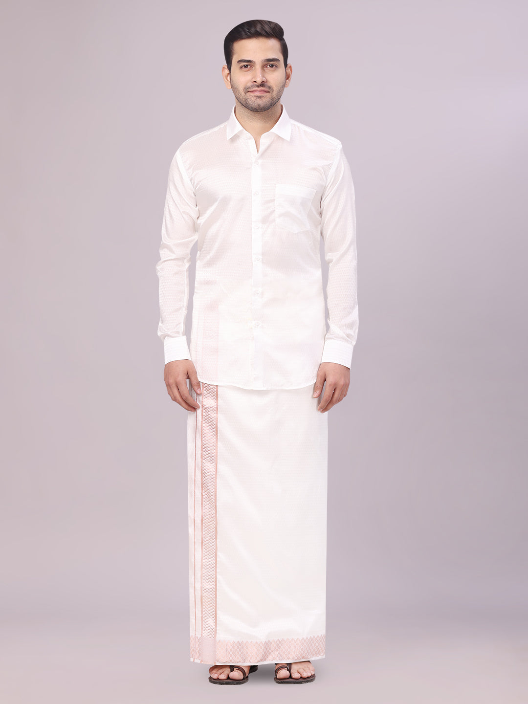 Men's Art Silk Half White Full Sleeves Shirt with 2 1/2" Copper Jari Border Dhoti Combo Neogen