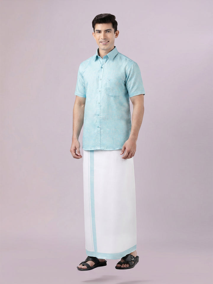 Men's Light Aqua Color Digital Printed Shirt with Matching Printed Border Dhoti Combo Varnam