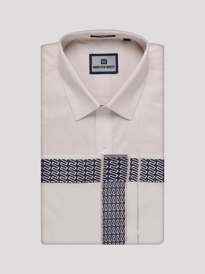 Mens Beige Tissue Stripe Shirt and Dhoti Combo with Jacquard Border Kane