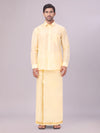 Mens Art Silk Light Gold Full Sleeves Shirt with Gold Jari Border Dhoti Combo Finesse
