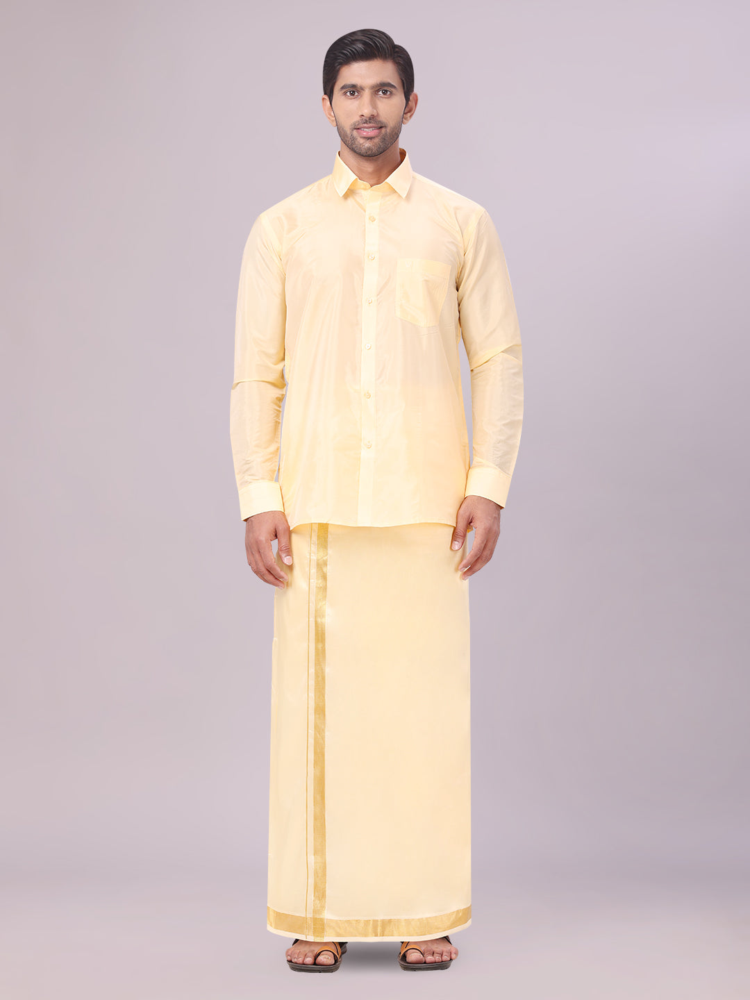 Men's Art Silk Light Gold Full Sleeves Shirt with Gold Jari Border Dhoti Combo Finesse