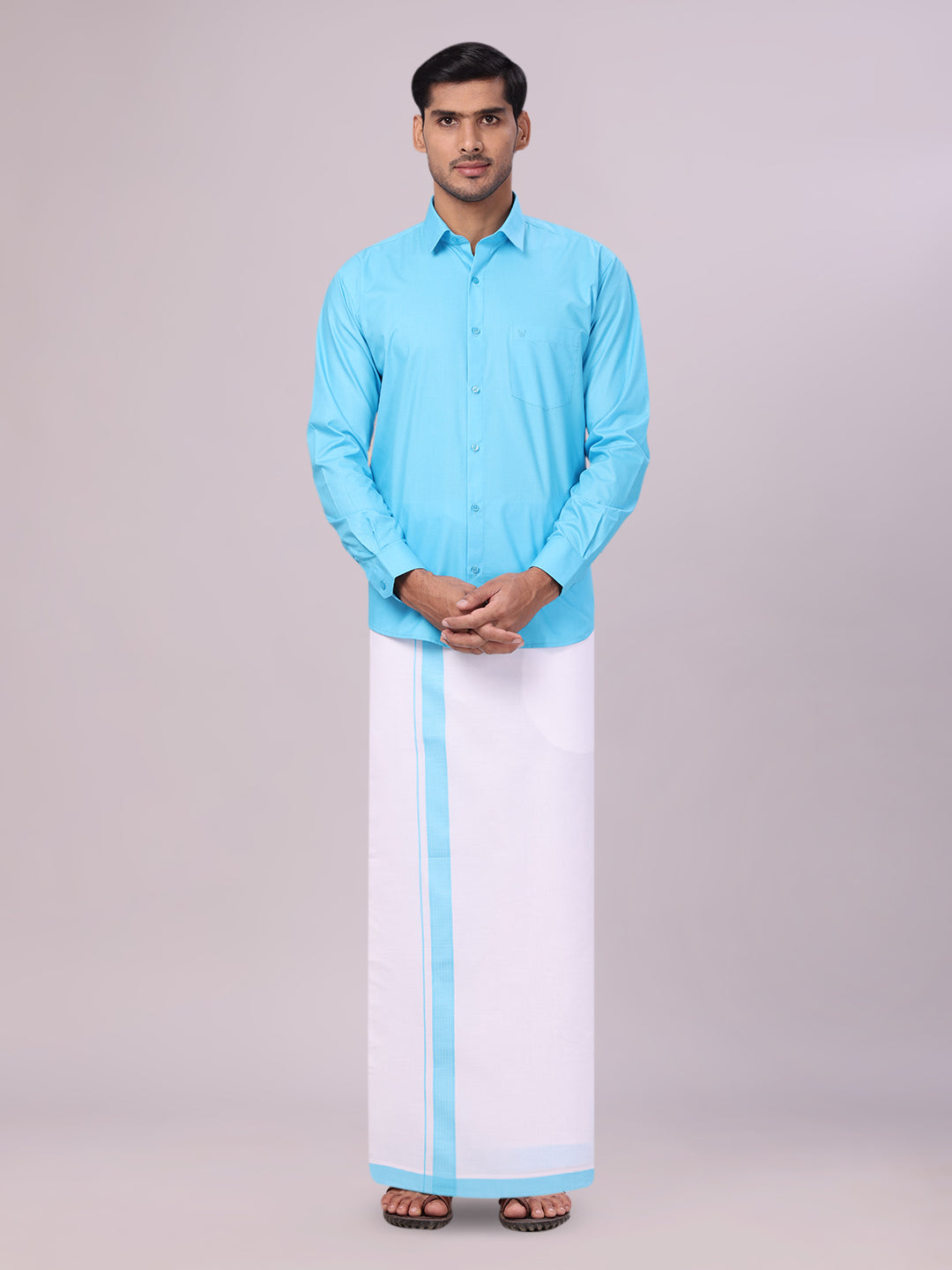 Men's Sky Blue Shirt with Matching Border Flexi Dhoti Combo Casper Flexi