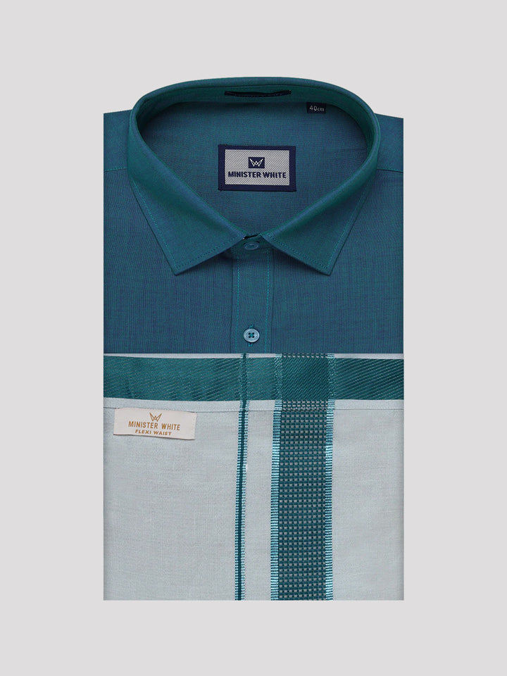 Men's Cotton Green Shirt with Tissue Matching Border Flexi Dhoti Wedding Combo Kandala