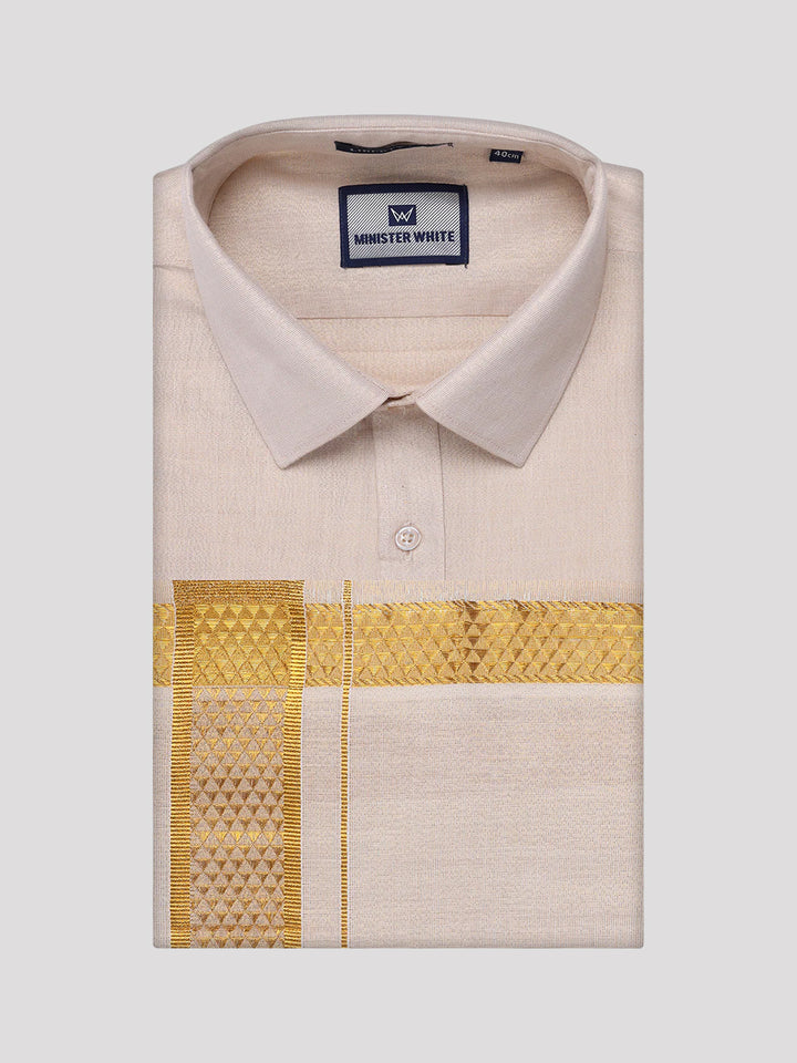 Men's Tissue Gold Shirt with Jacquard Fancy Border Dhoti Wedding Combo Nios