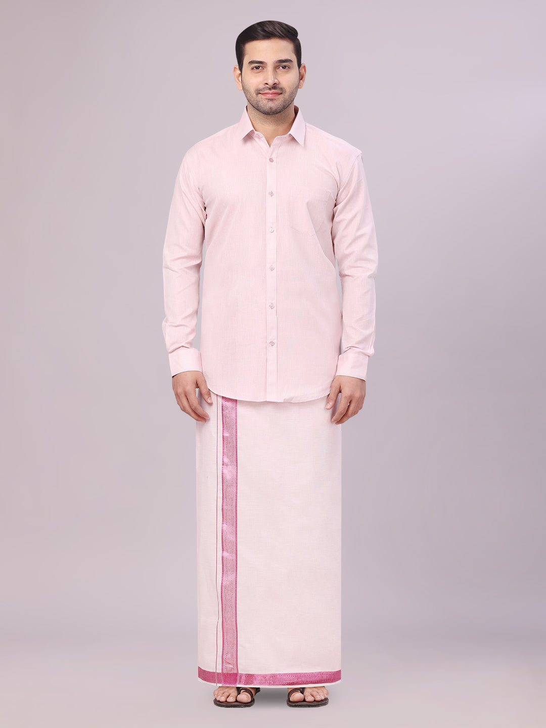 Men's Tissue Rose Shirt with Jacquard Fancy Border Dhoti Wedding Combo Nios