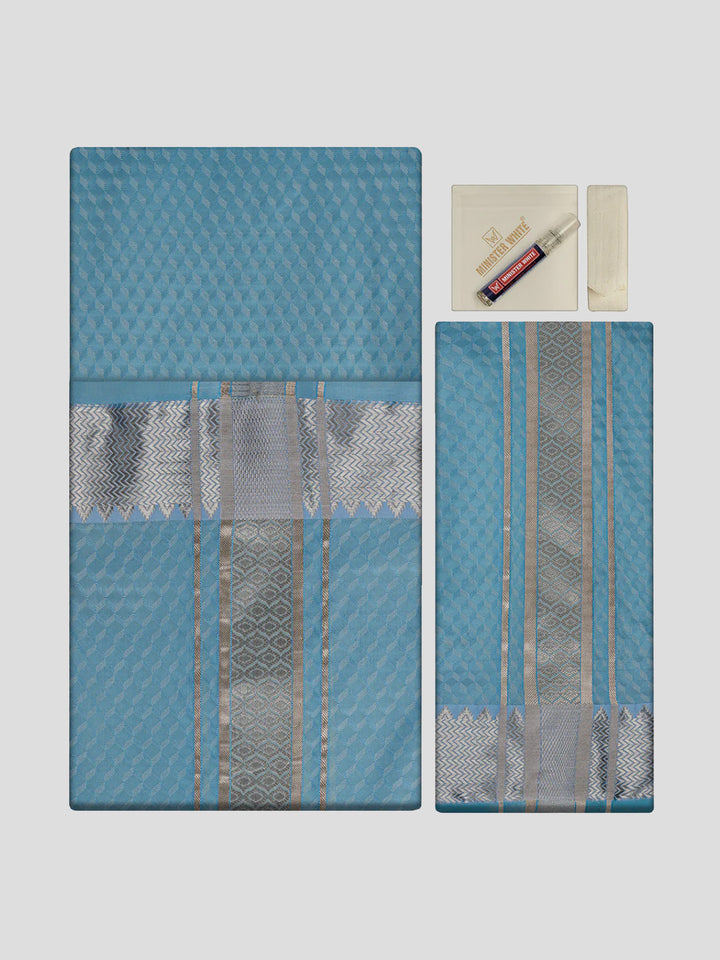 Men's Premium Art Silk Sky Blue Shirt Bit with 2 1/2" Silver Jari Border Dhoti Towel Combo Sieger