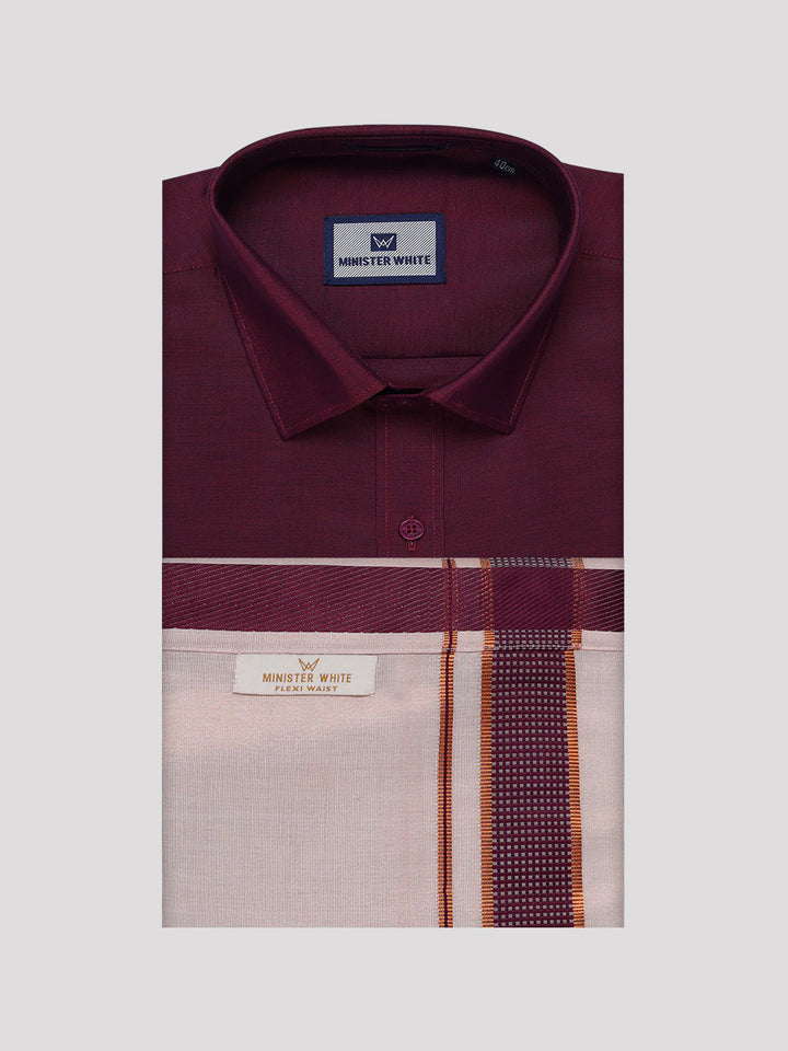 Men's Cotton Maroon Shirt with Tissue Matching Border Flexi Dhoti Wedding Combo Kandala
