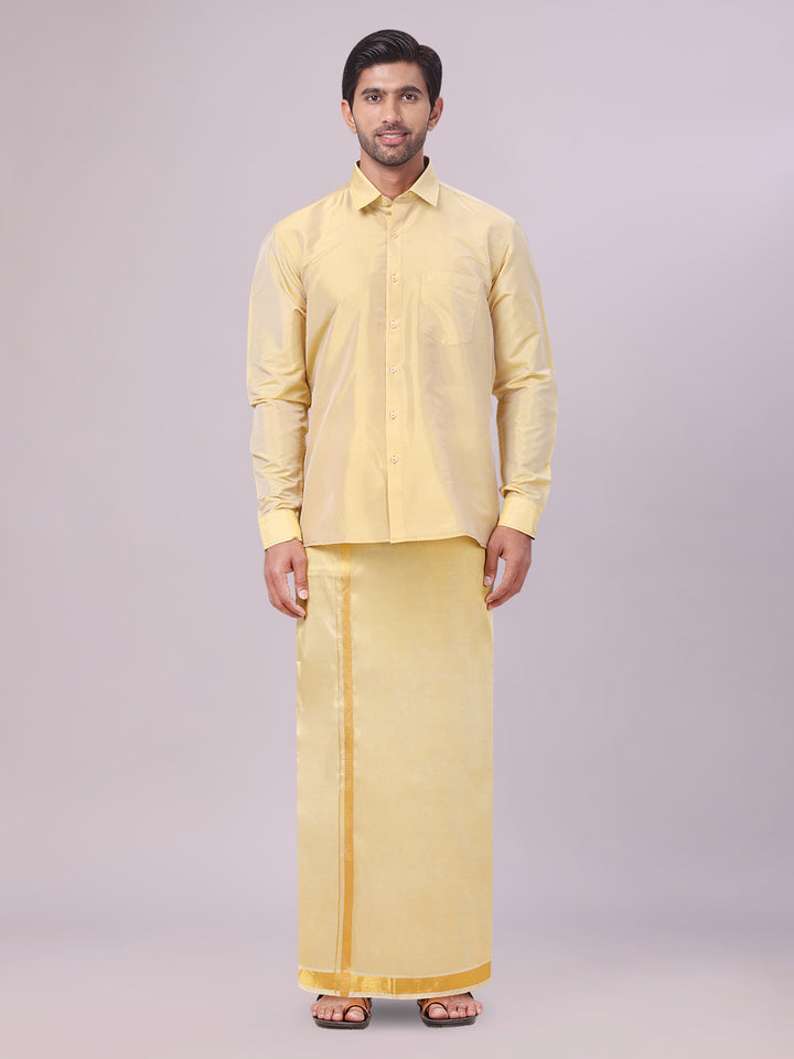 Men's Art Silk Mango Full Sleeves Shirt with Gold Jari Border Dhoti Combo Finesse