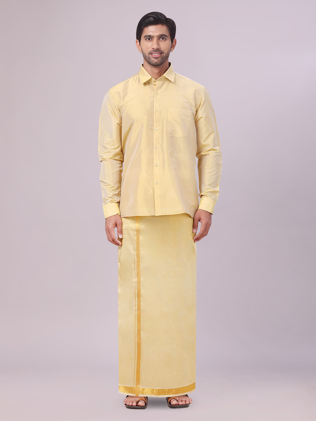 Men's Art Silk Mango Full Sleeves Shirt with Gold Jari Border Dhoti Combo Finesse