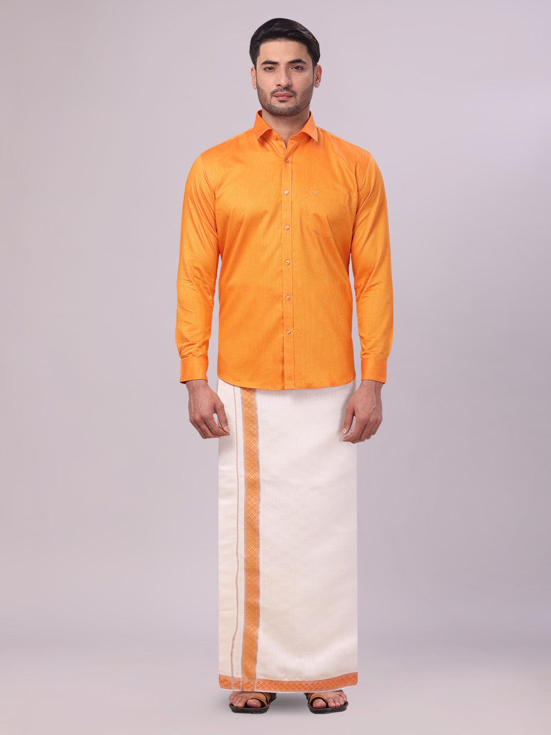 Mens Cotton Orange Shirt and Airtex Matching Border Dhoti Combo Nector