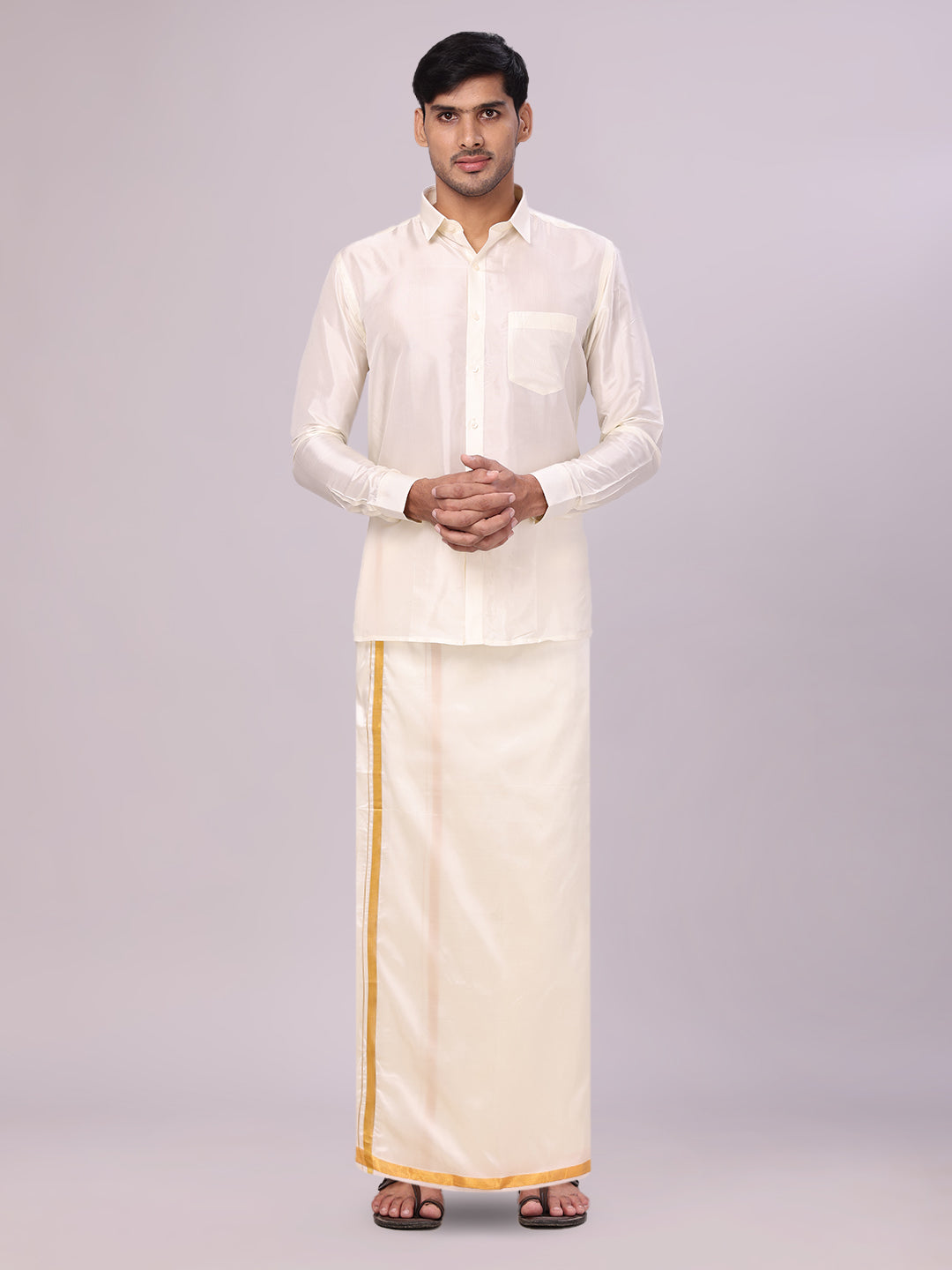 Mens Silk Mix Wedding Cream Shirt, Dhoti, Nerial with Belt Combo - Thamboolam