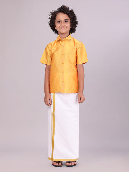 Boys Art Silk Golden Yellow Half Sleeves Shirt with Gold Jari Flexi Dhoti Towel Combo 