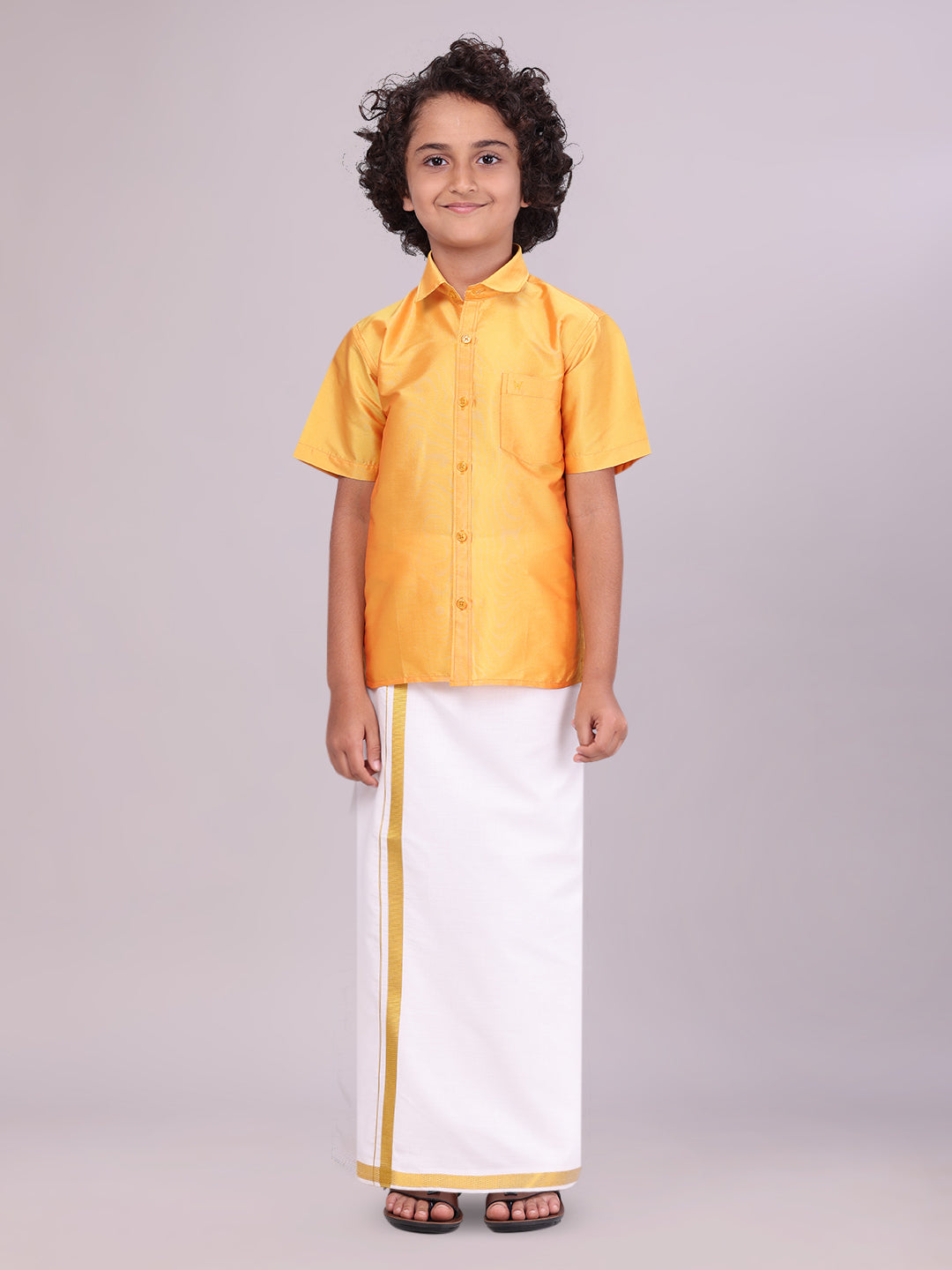 Boys Art Silk Golden Yellow Half Sleeves Shirt with Gold Jari Flexi Dhoti Towel Combo 