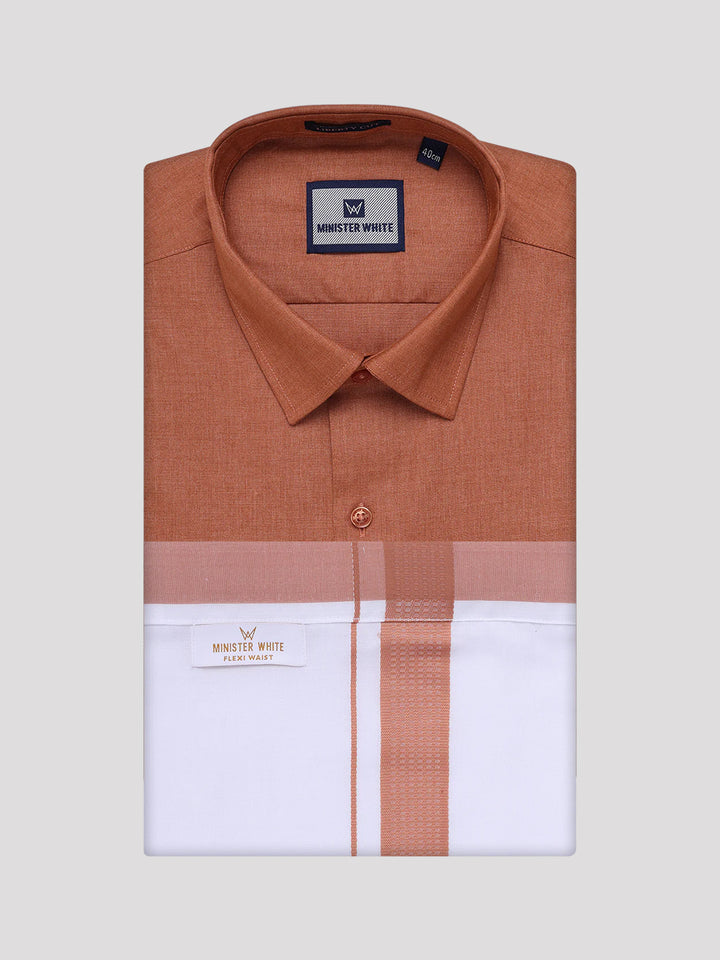 Men's Cotton Brown Shirt with Matching Border Flexi Dhoti Combo Casper Flexi
