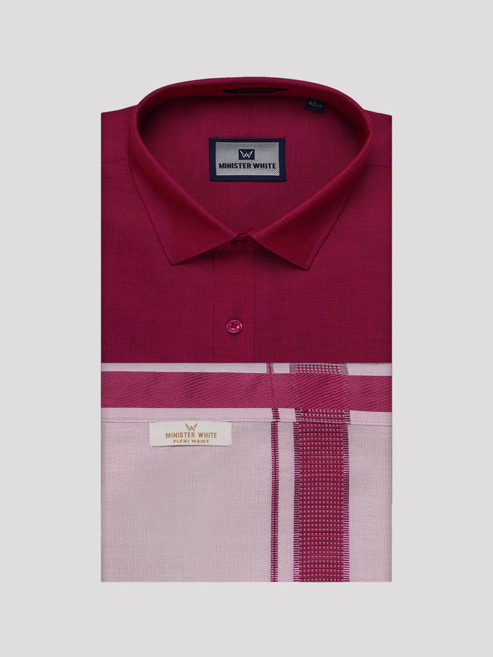 Men's Cotton Magenta Shirt with Tissue Matching Border Flexi Dhoti Wedding Combo Kandala