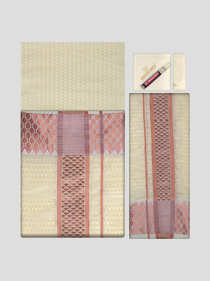 Men's Premium Art Silk Cream Shirt Bit with 2 1/2" Copper Jari Border Dhoti Towel Combo Sieger