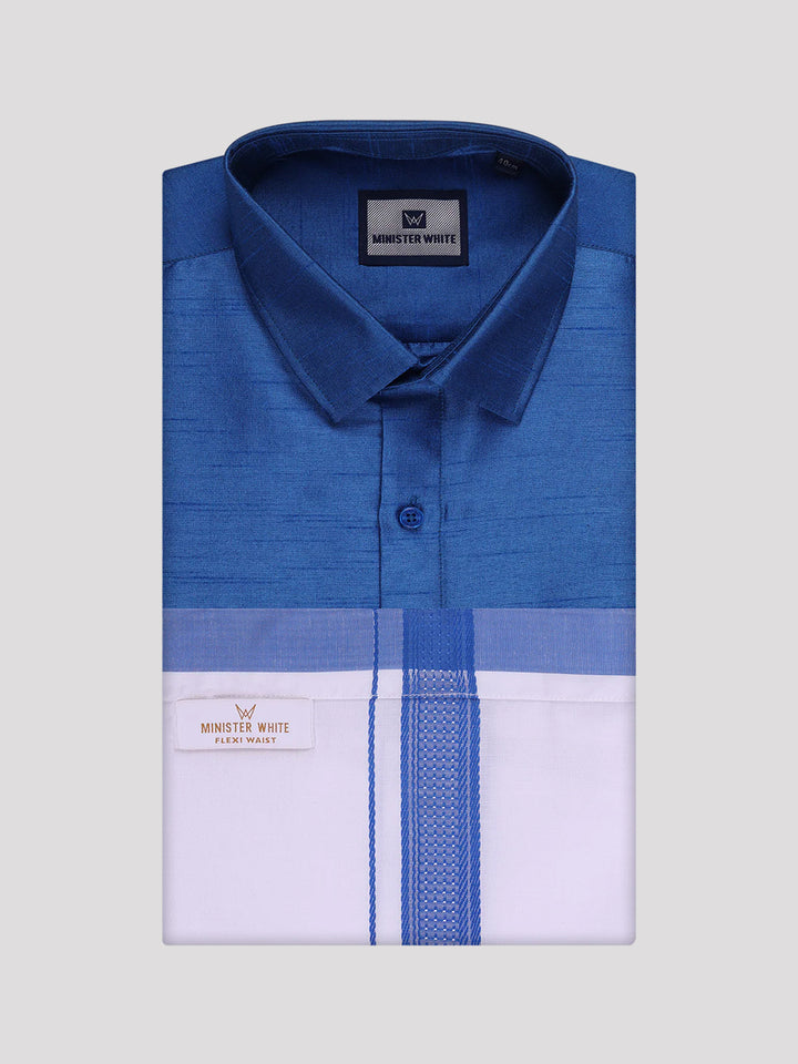 Mens Sky Blue Dupion Satin Color Shirt with Matching Border Flexi Dhoti Combo Gora Flexi