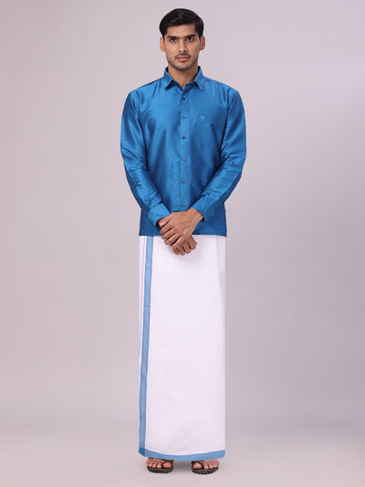 Men's Ramar Blue Dupion Satin Color Shirt with Matching Border Flexi Dhoti Combo Gora Flexi