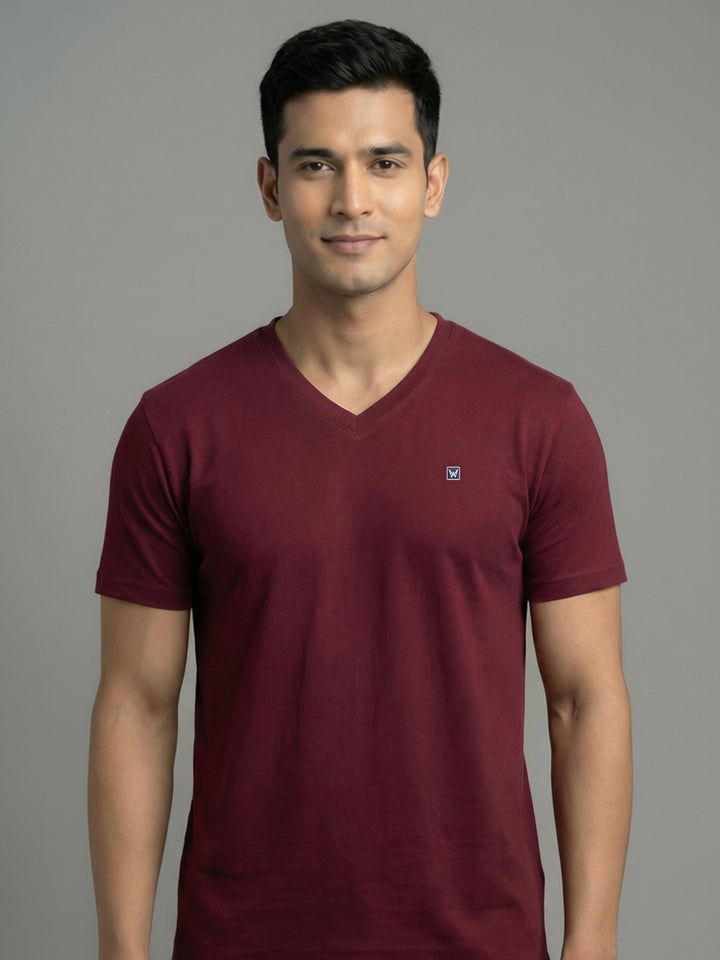 Men's Maroon Regular Fit V-Neck T-Shirt Caliber