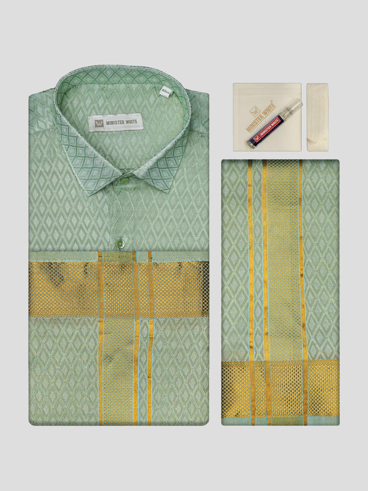 Mens Art Silk Pista Full Sleeves Shirt with 2 1/2"  Gold Jari Border & Towel Dhoti Combo Spruce