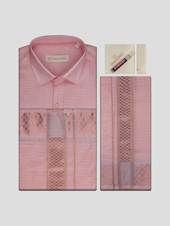 Men's Art Silk Pink Jacquard Full Sleeves Shirt with 2 1/2"  Copper Jari Border & Towel Dhoti Combo Nautica