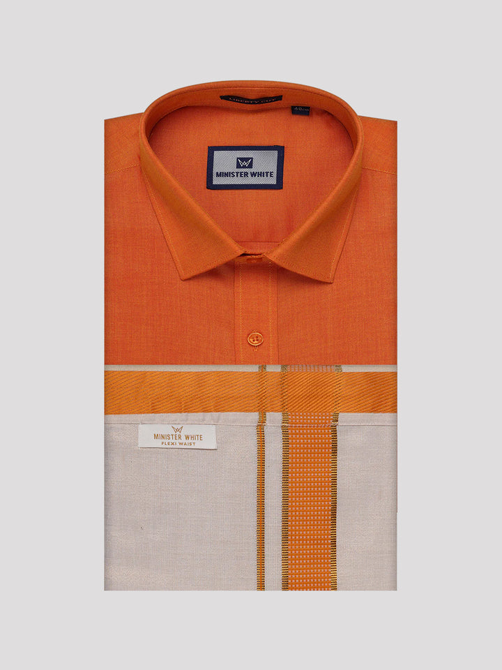 Mens Cotton Orange Shirt with Tissue Matching Border Flexi Dhoti Wedding Combo Kandala