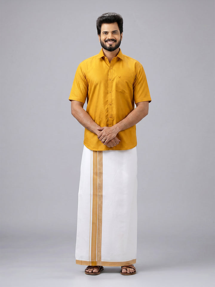 Men's Cotton Golden Yellow Matching Shirt with Fancy Printed Border Dhoti Combo Luster Trend