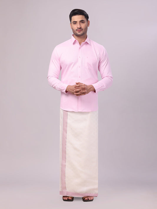 Men's Cotton Light Rose Shirt and Airtex Matching Border Dhoti Combo Nector