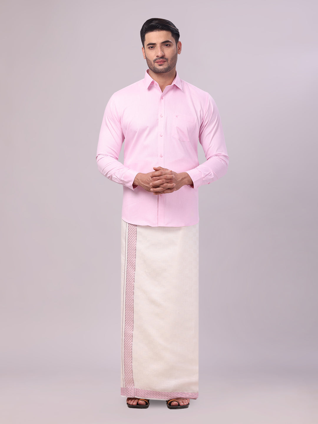 Mens Cotton Light Rose Shirt and Airtex Matching Border Dhoti Combo Nector