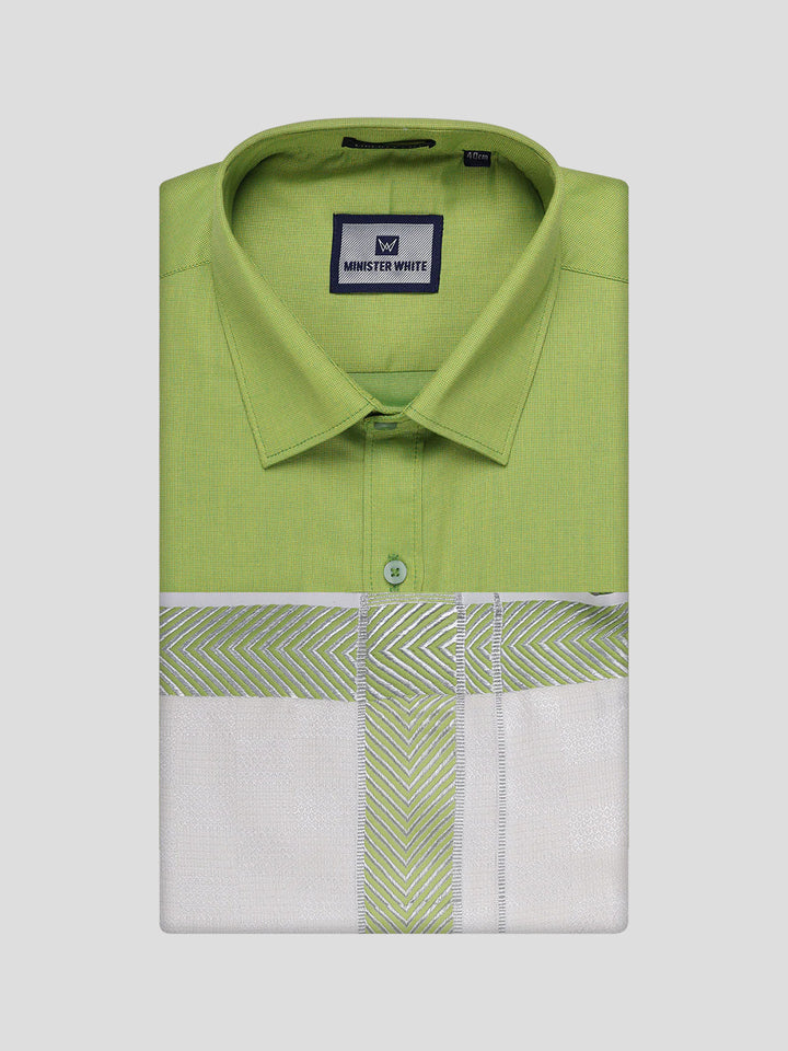 Men's Cotton Parrot Green Shirt and Airtex Matching Border Dhoti Combo Nector