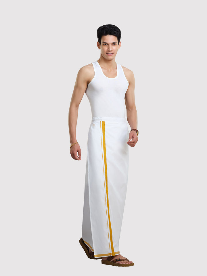 Men's Easy to Wear Flexi 2.0 White Gold Jari Half Elastic Dhoti with Pocket