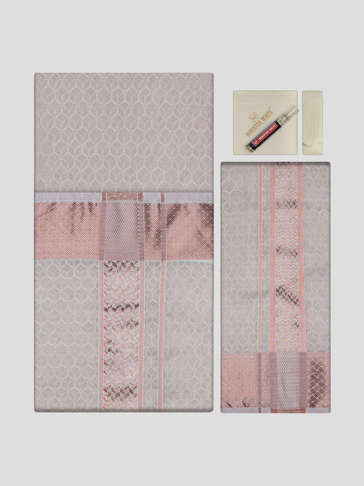 Men's Premium Art Silk Light Copper Shirt Bit with 2 1/2" Copper Jari Border Dhoti Towel Combo Sweden