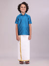 Boys Art Silk Ocean Blue Half Sleeves Shirt with Gold Jari Flexi Dhoti Towel Combo Calm Boy