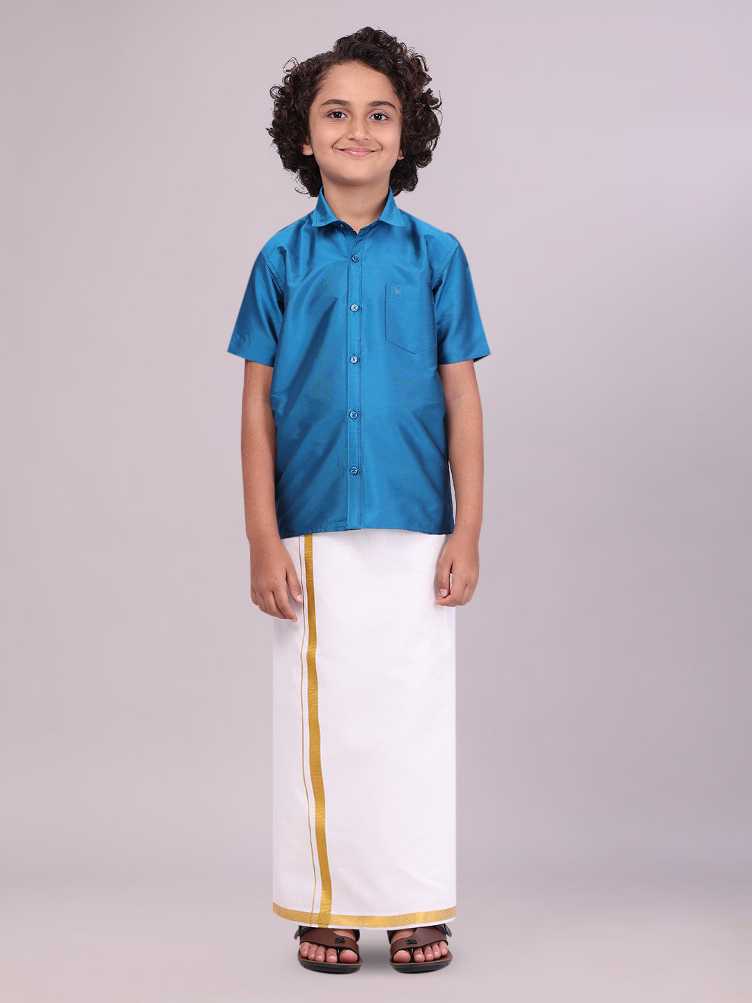 Boys Art Silk Ocean Blue Half Sleeves Shirt with Gold Jari Flexi Dhoti Towel Combo 