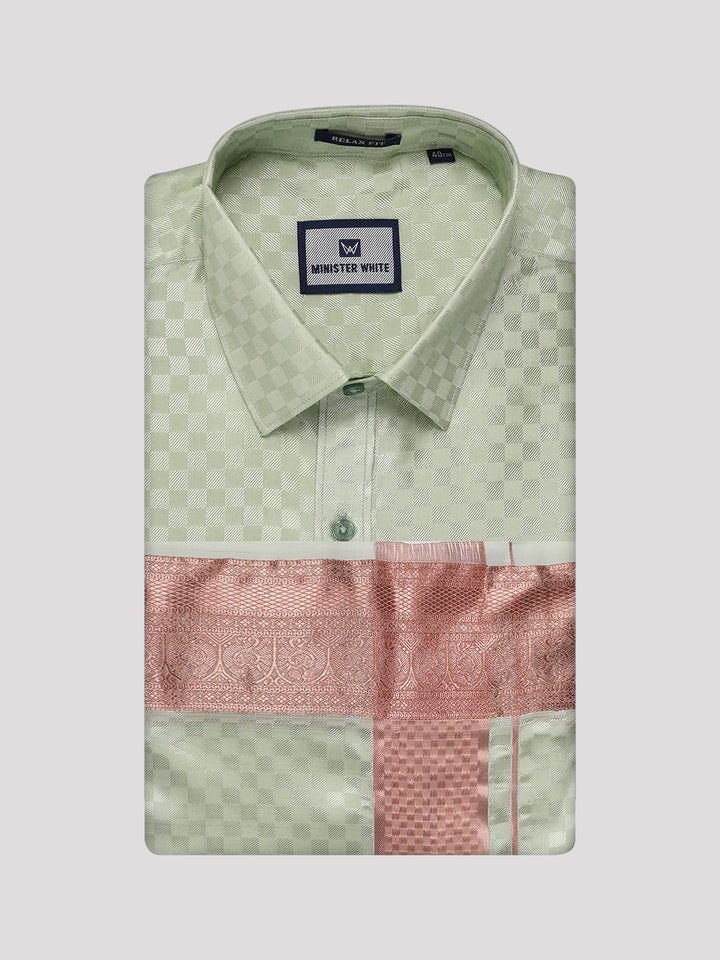 Mens Art Silk Pista Green Full Sleeves Shirt with 3 1/2" Copper Jari Border Dhoti Combo Nautica