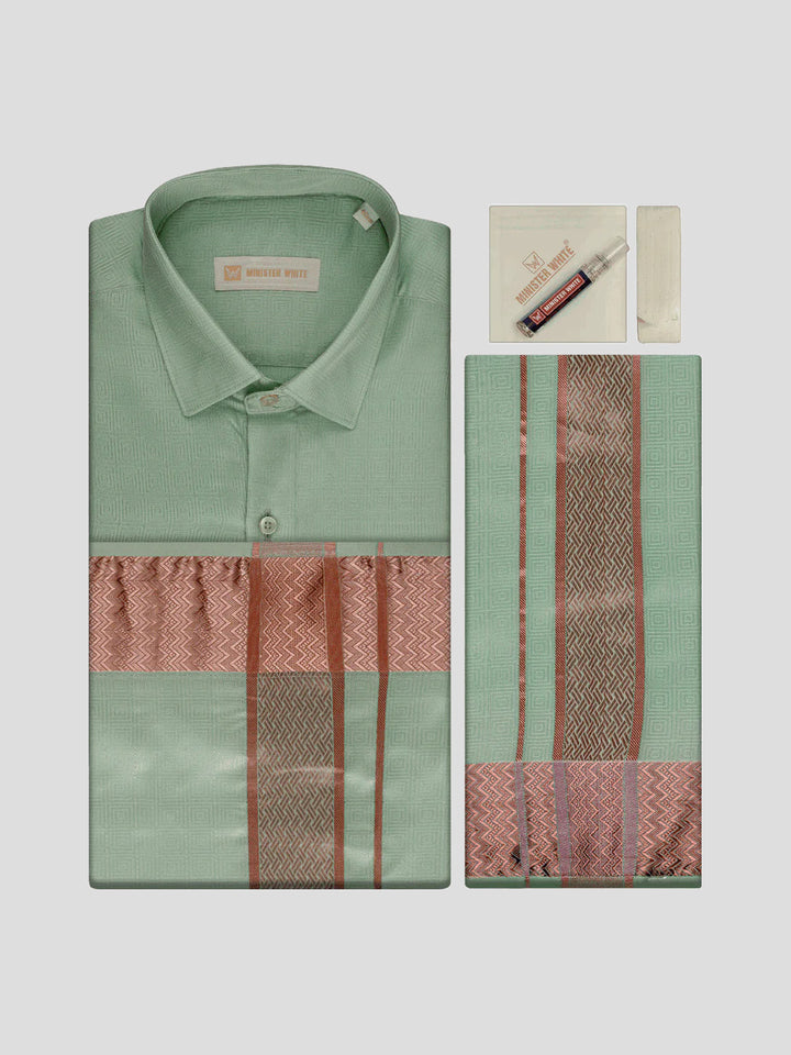 Men's Art Silk Pista Green Jacquard Full Sleeves Shirt with 2 1/2" Copper Jari Border & Towel Dhoti Combo Nautica