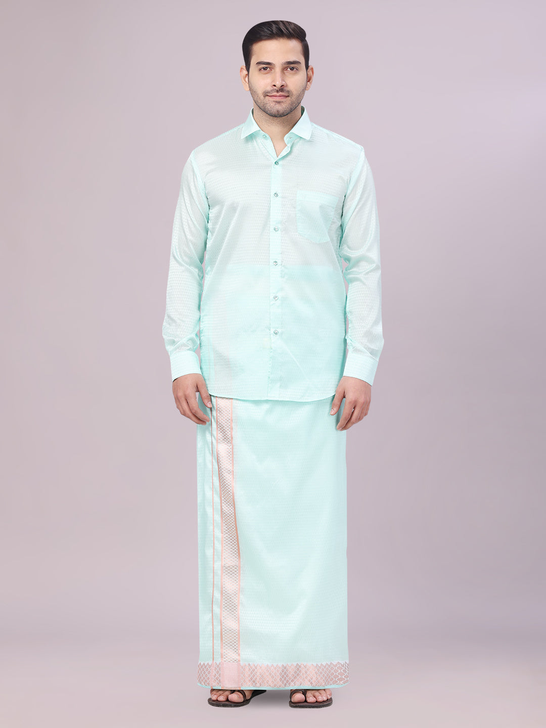 Men's Art Silk Mint Full Sleeves Shirt with 2 1/2" Copper Jari Border Dhoti Combo Neogen