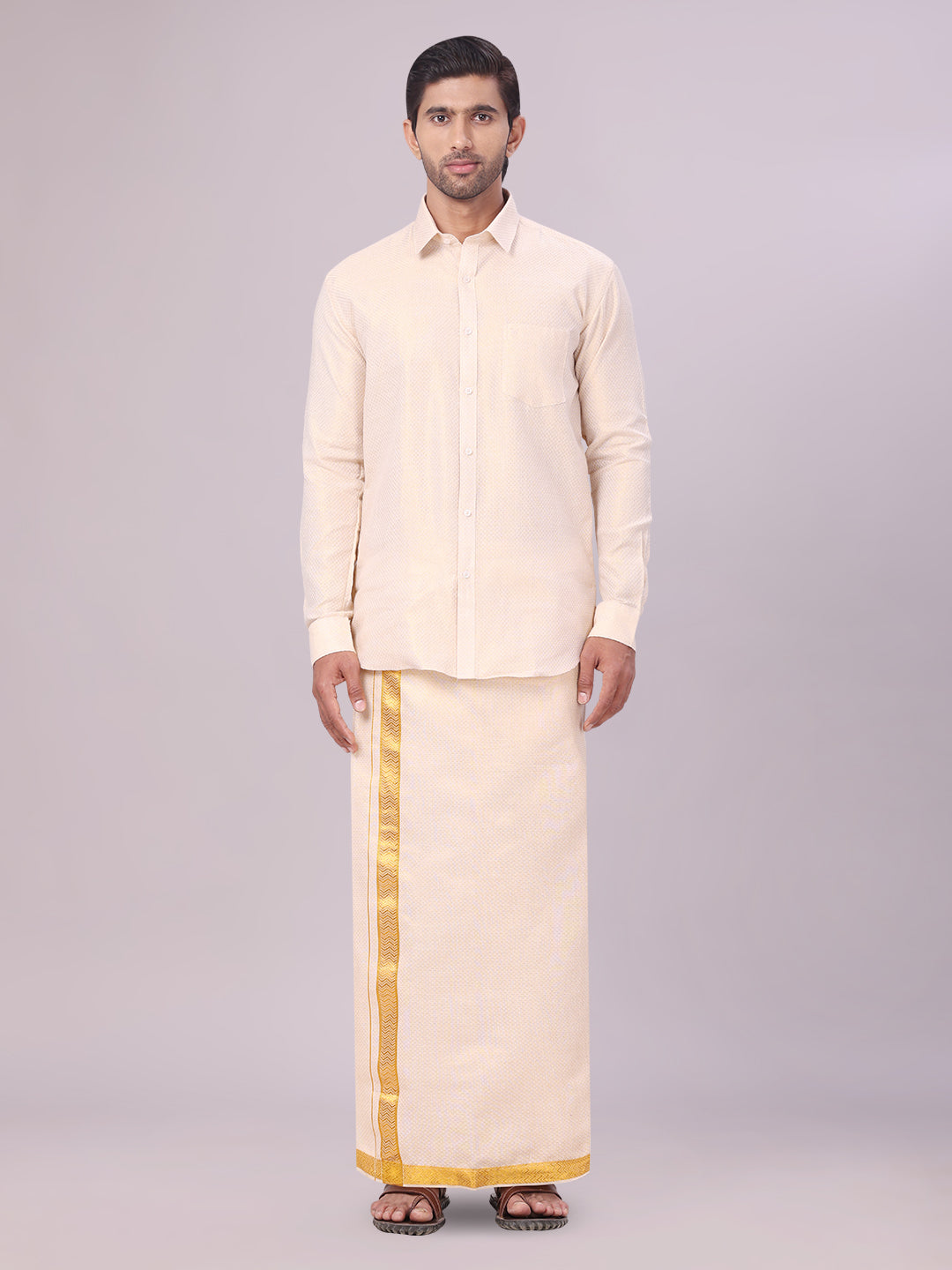 Men's Gold Tissue Jacquard Shirt with Matching Dhoti Combo Zeus