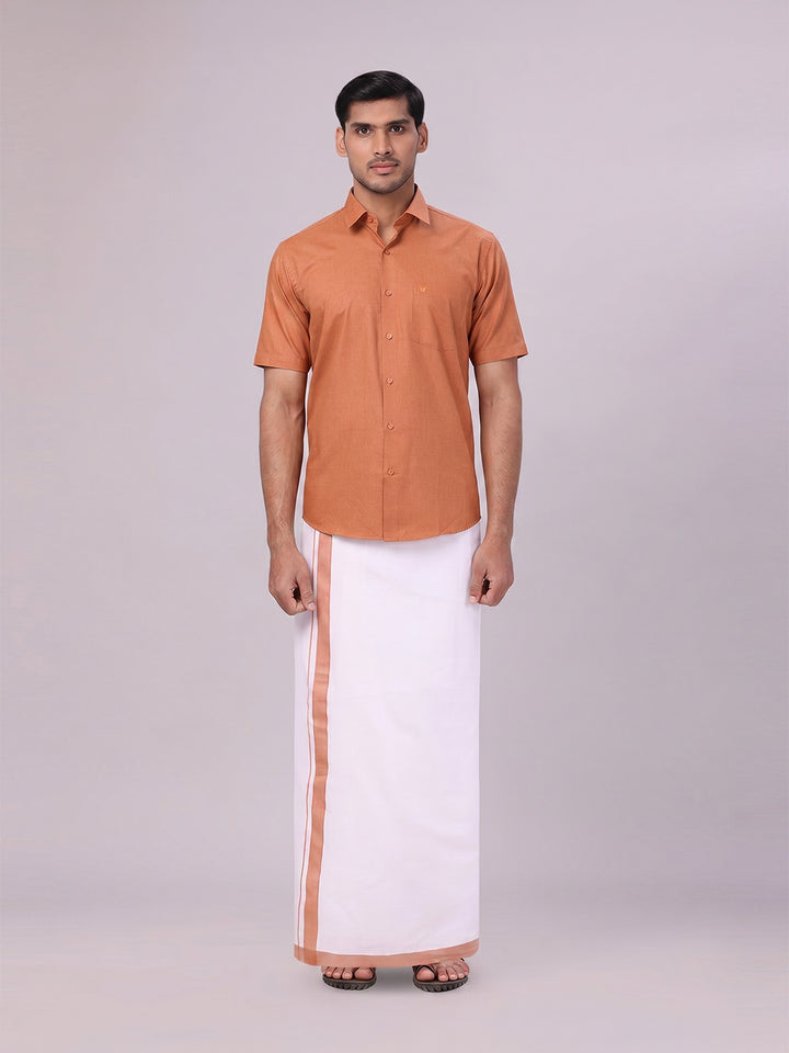 Mens Brown Color Shirt with Matching Border Dhoti Combo Casper