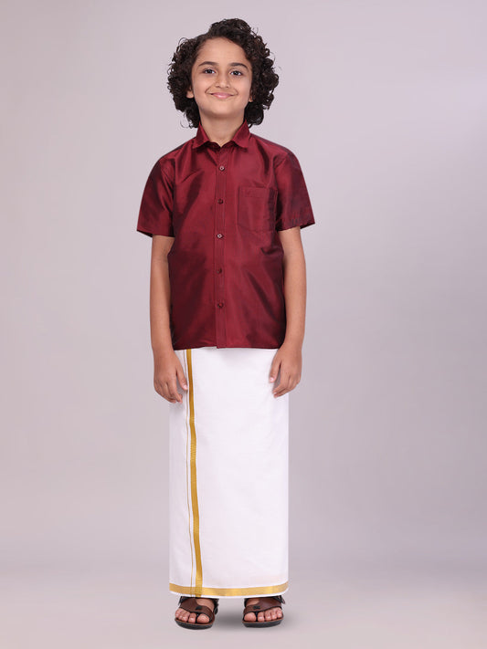 Boys Art Silk Maroon Half Sleeves Shirt with Gold Jari Flexi Dhoti Towel Combo 