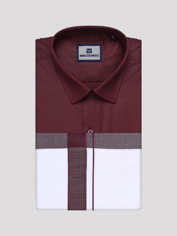 Mens Maroon Color Shirt with Matching Border Dhoti Combo Casper