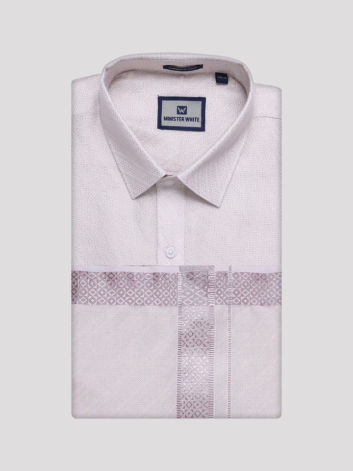 Men's Beige Tissue Stripe Shirt and Dhoti Combo with Jacquard Border Kane