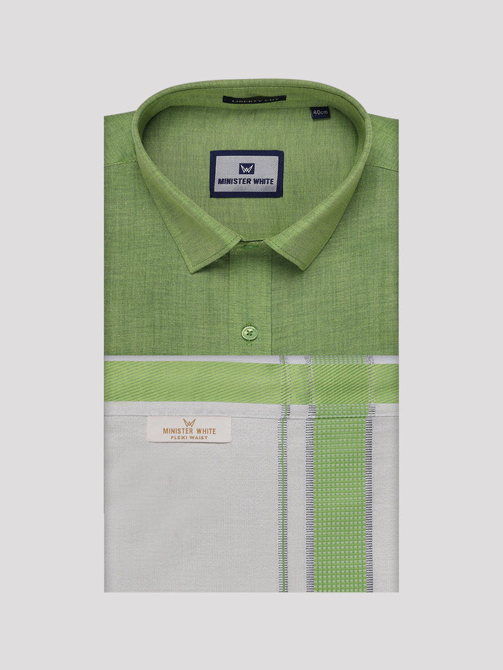 Mens Cotton Light Green Shirt with Tissue Matching Border Flexi Dhoti Wedding Combo Kandala