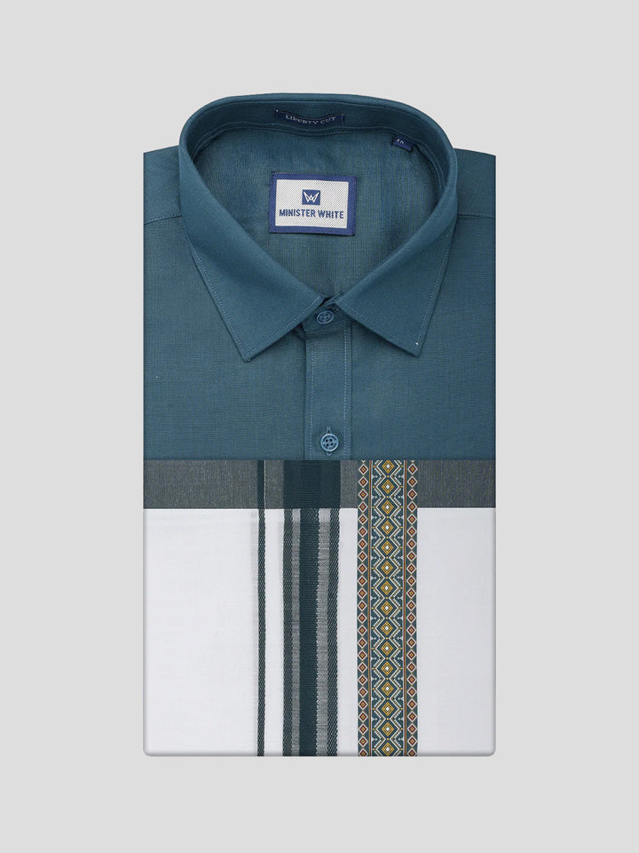 Men's Cotton Dark Green Matching Shirt with Fancy Printed Border Dhoti Combo Luster Trend