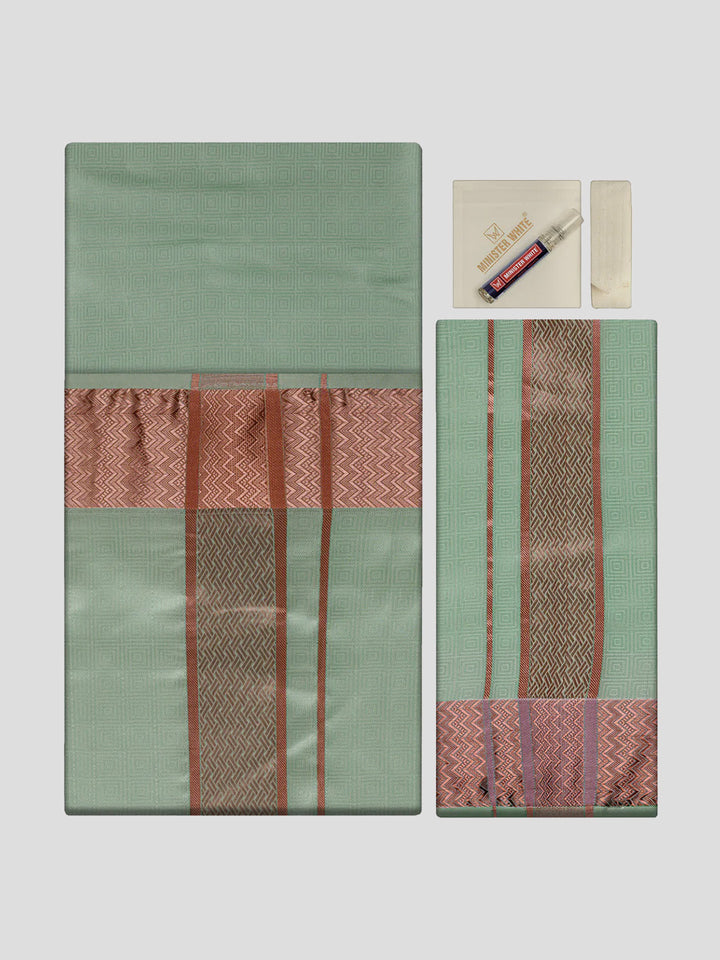 Men's Premium Art Silk Pista Shirt Bit with 2 1/2" Copper Jari Border Dhoti Towel Combo Sieger